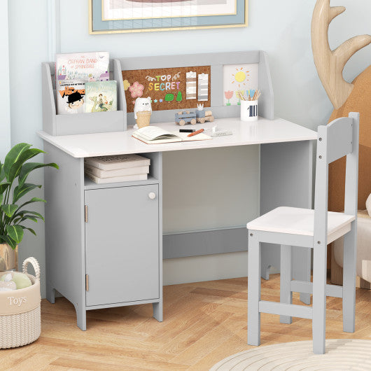 Kids Table and Chair Set with Bookshelf and Cabinet Study Table for Bedroom-Gray