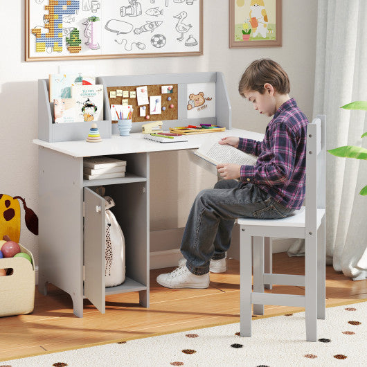 Kids Table and Chair Set with Bookshelf and Cabinet Study Table for Bedroom-Gray