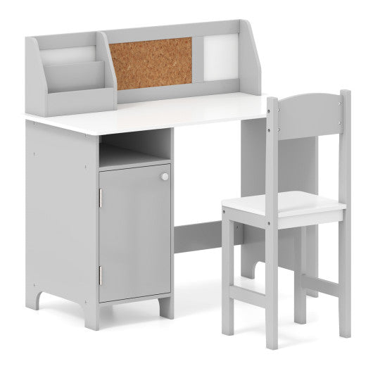 Kids Table and Chair Set with Bookshelf and Cabinet Study Table for Bedroom-Gray