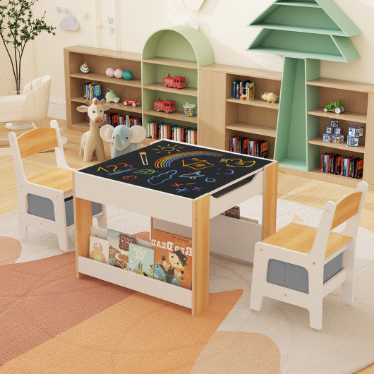 4 in 1 Kids Toddler Activity Table and Chairs Set with Reversible Tabletop-Natural