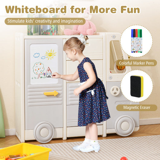 Kids Toy Storage Organizer Bus-shaped Children Cabinet with 4 Pull-out Drawers with Handles-Gray