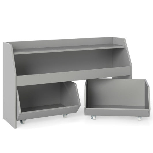 Kids Toy Storage Organizer Wooden Bookcase with 2 Movable Drawers-Gray