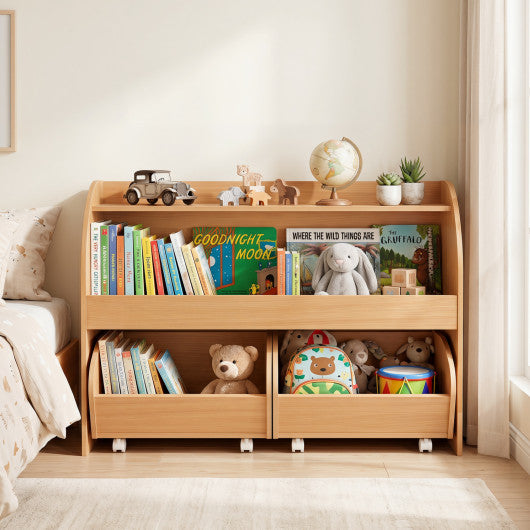 Kids Toy Storage Organizer with 2 Rolling Drawers & 3-Tier Bookshelf for Playroom-Natural