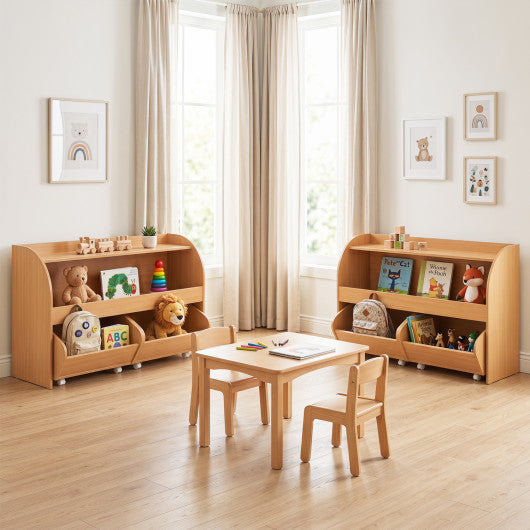 Kids Toy Storage Organizer with 2 Rolling Drawers & 3-Tier Bookshelf for Playroom-Natural