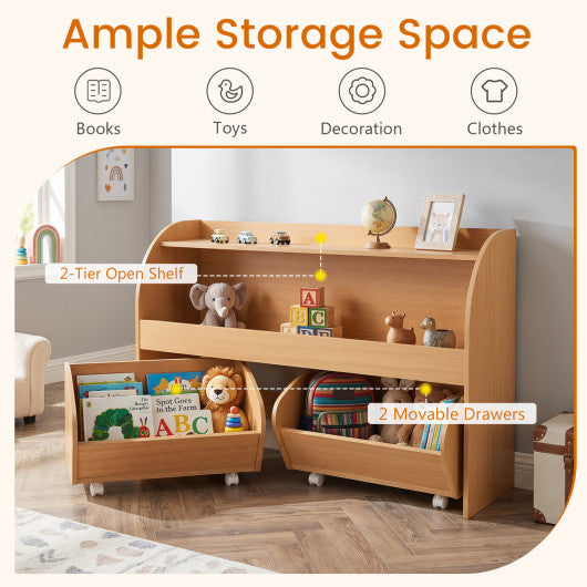 Kids Toy Storage Organizer with 2 Rolling Drawers & 3-Tier Bookshelf for Playroom-Natural