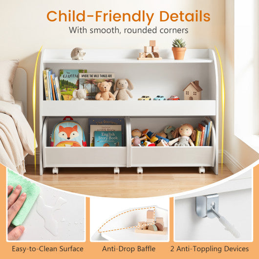 Kids Toy Storage Organizer with 2 Rolling Drawers & 3-Tier Bookshelf for Playroom-White