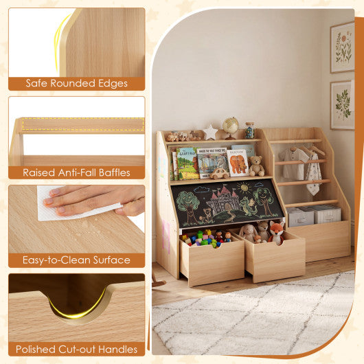 Kids Toy Storage Organizer with Flip-up Blackboard-Natural