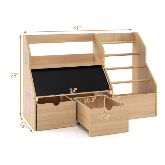 Kids Toy Storage Organizer with Flip-up Blackboard-Natural