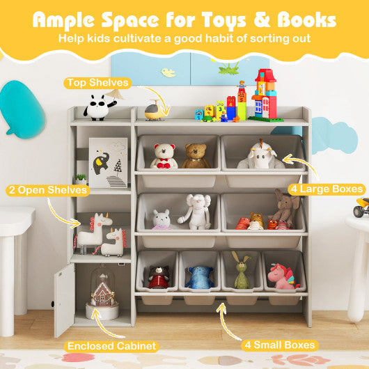 Kids Toy Storage and Bookshelf with Open Shelves and Single-door Cabinet-Gray