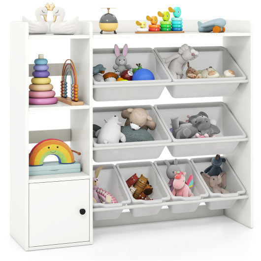 Kids Toy Storage and Bookshelf with Open Shelves and Single-door Cabinet-White