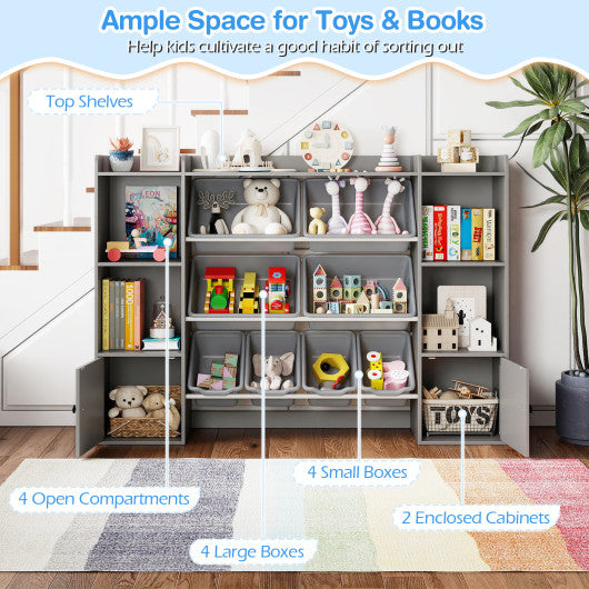 Kids Toy Storage and Bookshelf with Boxes and Open Shelves-Gray