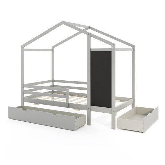 Kids Twin Size Bed with 2 Drawers Solid Wood Bed with Blackboard-Gray