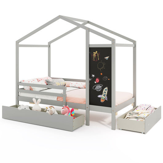 Kids Twin Size Bed with 2 Drawers Solid Wood Bed with Blackboard-Gray