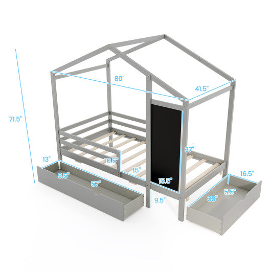 Kids Twin Size Bed with 2 Drawers Solid Wood Bed with Blackboard-Gray