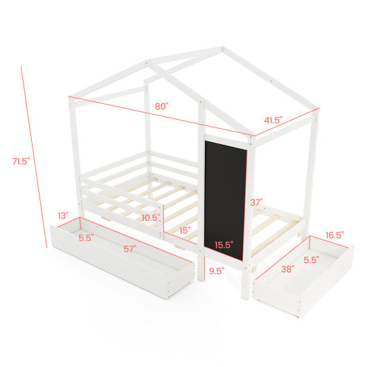 Kids Twin Size Bed with 2 Drawers Solid Wood Bed with Blackboard-White