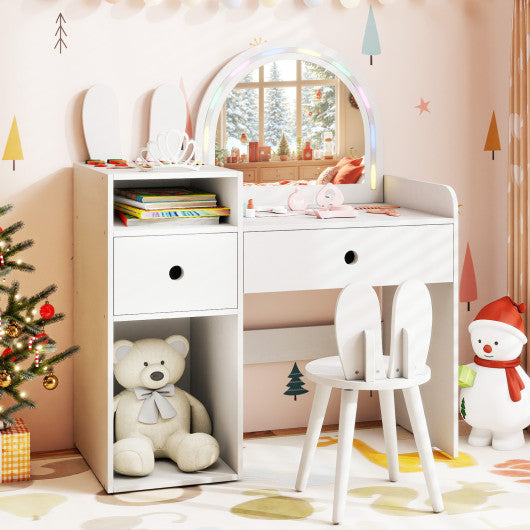 Kids Vanity Desk and Chair Set with Lights Open Shelves-White