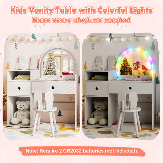 Kids Vanity Desk and Chair Set with Lights Open Shelves-White
