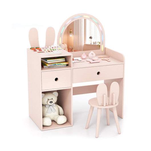 Kids Vanity Desk and Chair Set with Lights Open Shelves-Pink