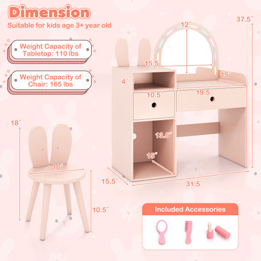 Kids Vanity Desk and Chair Set with Lights Open Shelves-Pink