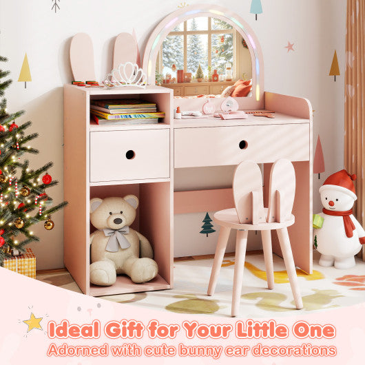 Kids Vanity Desk and Chair Set with Lights Open Shelves-Pink