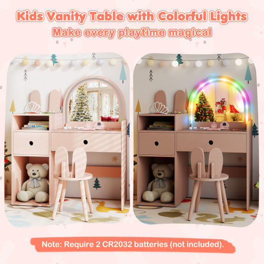 Kids Vanity Desk and Chair Set with Lights Open Shelves-Pink