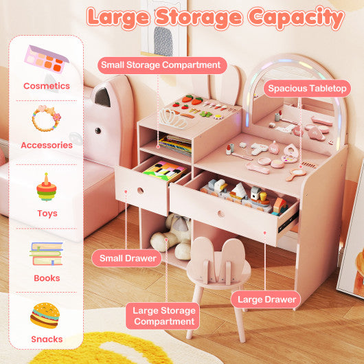 Kids Vanity Desk and Chair Set with Lights Open Shelves-Pink