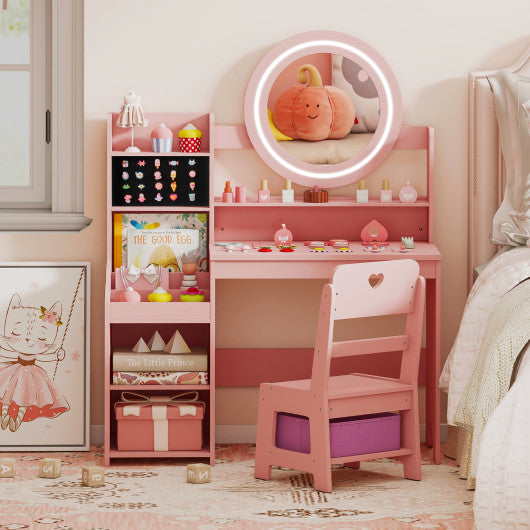 Kids Vanity Desk with Mirror and Lights Princess Pretend Play Dressing Table and Chair Set-Pink
