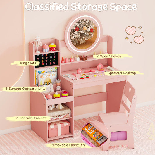 Kids Vanity Desk with Mirror and Lights Princess Pretend Play Dressing Table and Chair Set-Pink