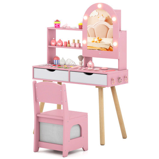 Kids Vanity Set Pretend Play Dressing Table Set with 3-Color Lighting Modes Adjustable Brightness and Mirror Cabinet-Pink