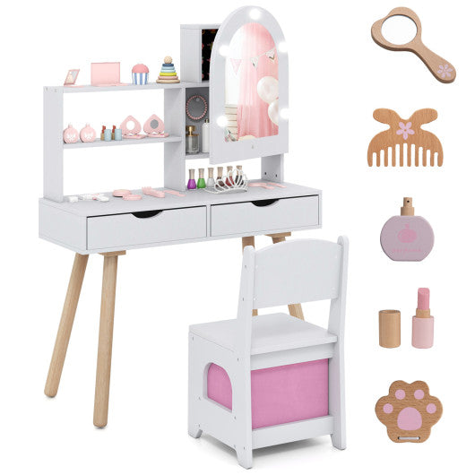 Kids Vanity Set Pretend Play Dressing Table Set with 3-Color Lighting Modes and Mirror Cabinet-White