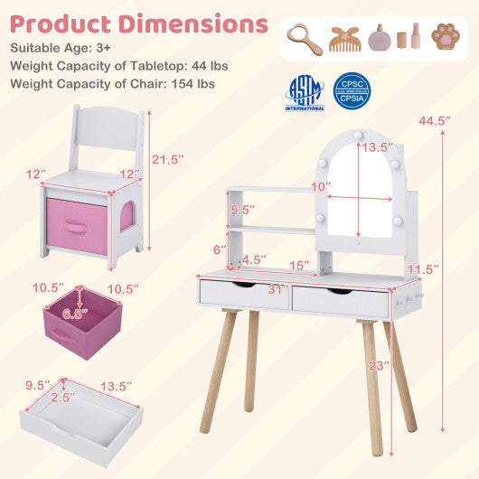 Kids Vanity Set Pretend Play Dressing Table Set with 3-Color Lighting Modes and Mirror Cabinet-White
