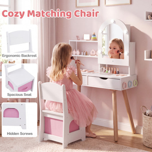 Kids Vanity Set Pretend Play Dressing Table Set with 3-Color Lighting Modes and Mirror Cabinet-White