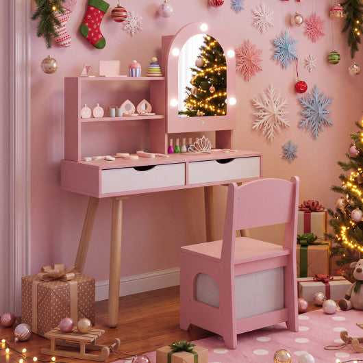 Kids Vanity Set Pretend Play Dressing Table Set with 3-Color Lighting Modes and Mirror Cabinet-Pink