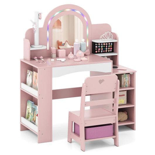 Kids Vanity Set with Colorful LED Lights Princess Makeup Dressing Table with Chair-Pink