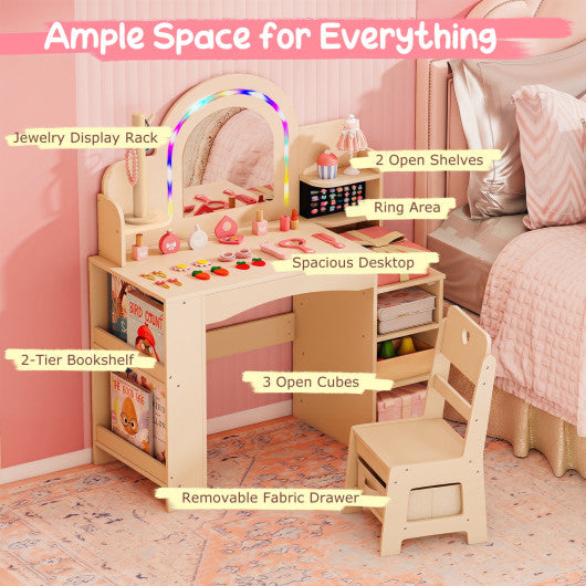 Kids Vanity Set with Colorful LED Lights Princess Makeup Dressing Table with Chair-Natural