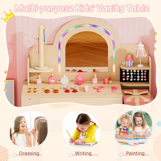 Kids Vanity Set with Colorful LED Lights Princess Makeup Dressing Table with Chair-Natural
