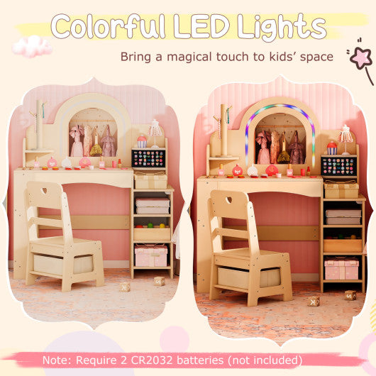 Kids Vanity Set with Colorful LED Lights Princess Makeup Dressing Table with Chair-Natural