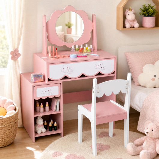 Kids Vanity Set with 360¡« Rotating Mirror & Chair for Girls-Pink