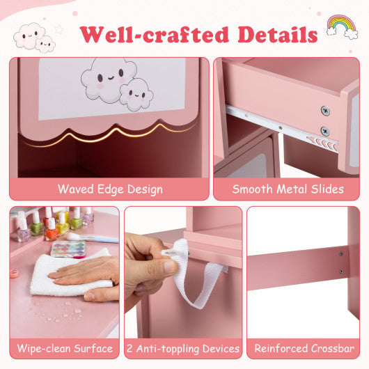 Kids Vanity Set with 360¡« Rotating Mirror & Chair for Girls-Pink