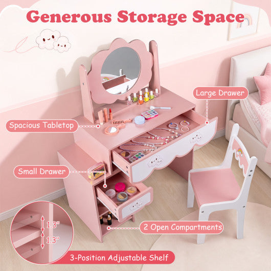 Kids Vanity Set with 360¡« Rotating Mirror & Chair for Girls-Pink