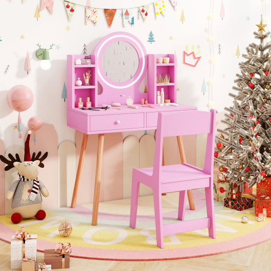 Kids Vanity Set with Lighted Mirror and Storage Drawers-Pink
