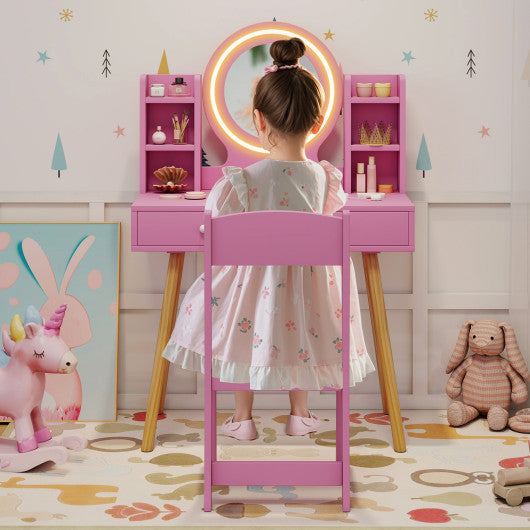Kids Vanity Set with Lighted Mirror and Storage Drawers-Pink