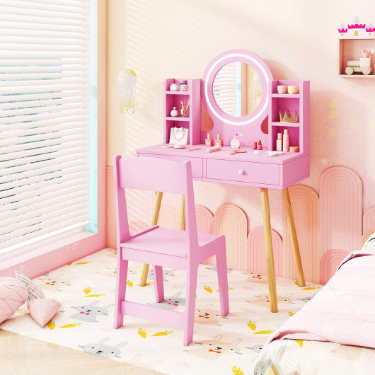 Kids Vanity Set with Lighted Mirror and Storage Drawers-Pink