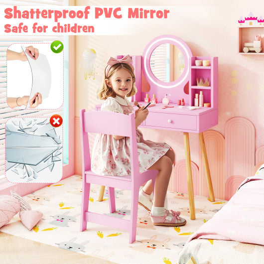 Kids Vanity Set with Lighted Mirror and Storage Drawers-Pink
