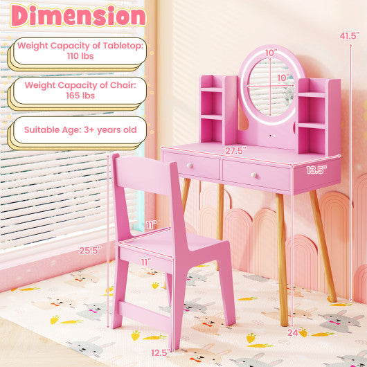 Kids Vanity Set with Lighted Mirror and Storage Drawers-Pink