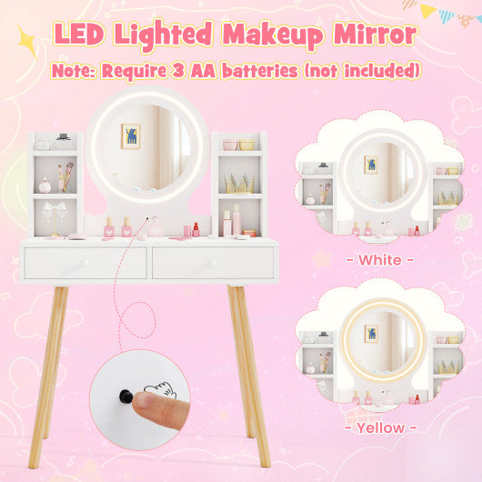 Kids Vanity Set with Lighted Mirror and Storage Drawers-White
