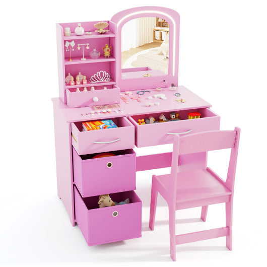 Kids Vanity Set with Lighted Mirror Makeup Desk and Chair Set with Drawers-Pink