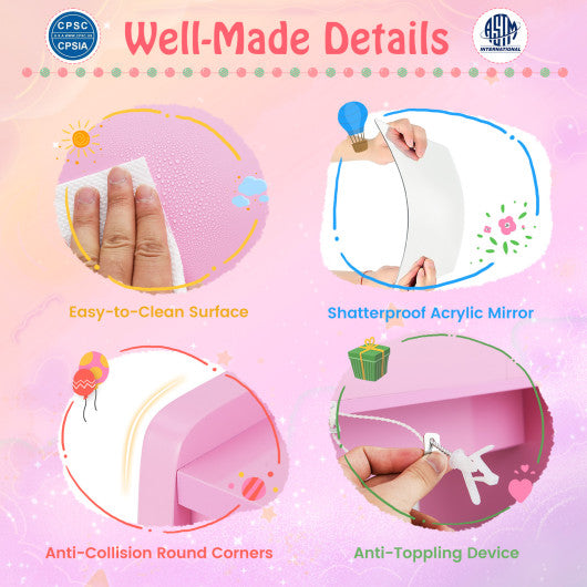 Kids Vanity Set with Lighted Mirror Makeup Desk and Chair Set with Drawers-Pink