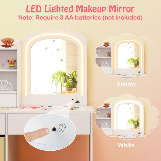 Kids Vanity Set with Lighted Mirror Makeup Desk and Chair Set with Drawers-White