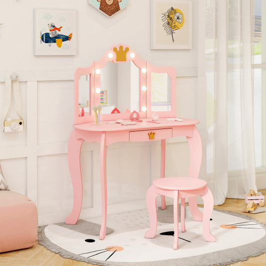 Kids Vanity Set with Tri-fold Lighted Mirror Detachable Top and Stool-Pink